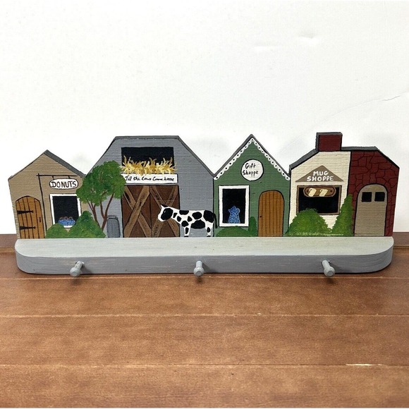 Other - Vintage Handcrafted Wood Country Old Town Village Cow‎ Art Wall Hooks Key Holder